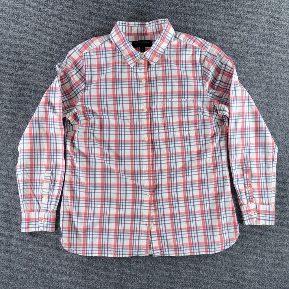 Banana Republic Mens Petite Medium Red Blue Plaid Classic Fit Button Down Shirt